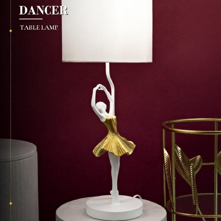 Lampa stołowa Dancer, kolor złoty i biały, żywica syntetyczna i żelazo, 28 x 28 x 64 cm, 1 x E27, max. 40 W, do salonu i sypialni, Mauro Ferretti