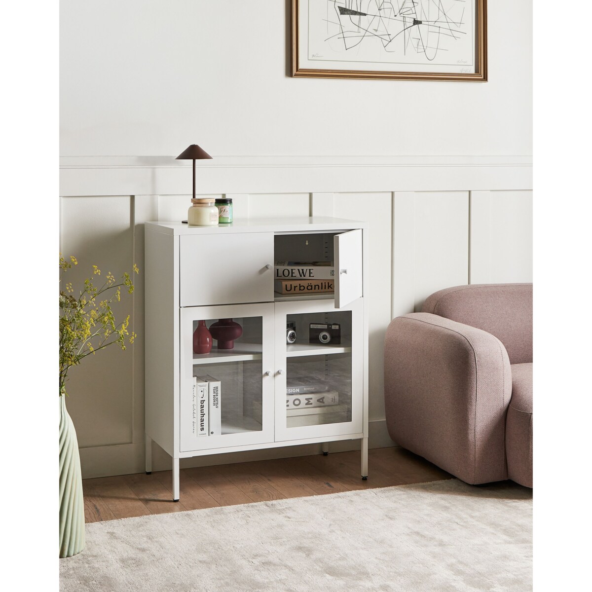 Szafka ze szklanymi drzwiami ESHOLT Metal 80 cm Biały