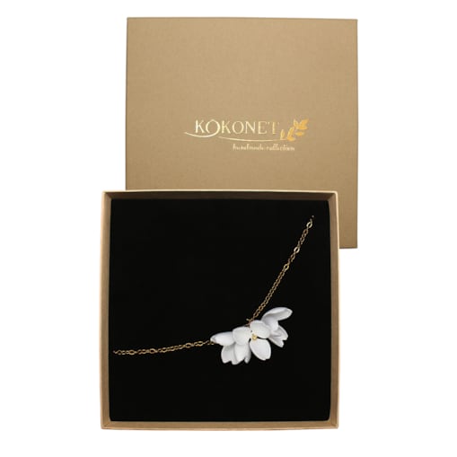 Bransoletka delikatna z kwiatami 3d handmade w pudełku elegancka złota stal