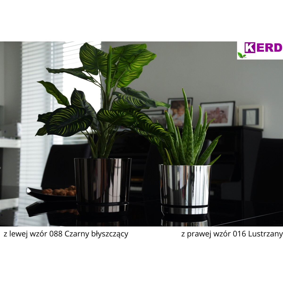 14 Doniczka DUO CZARNA z podstawką KRAINA LODU dwukolorowa nowoczesna glamour efekt lustra wysoki połysk elegancka