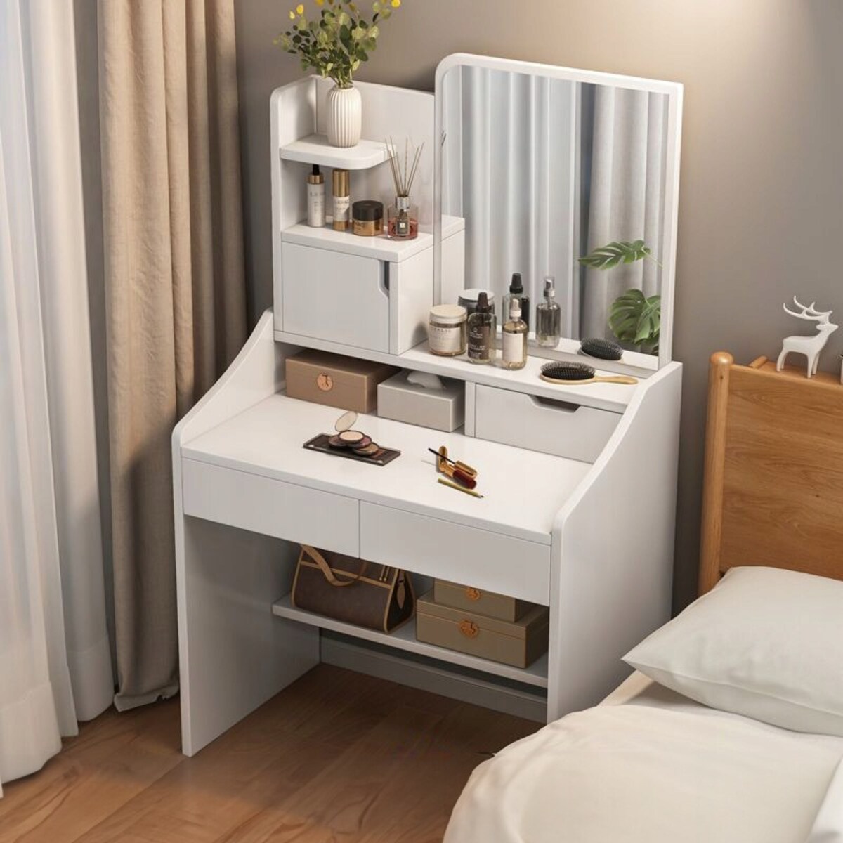 Toaletka z lustrem biała do makijażu glamour z szufladami styl skandynawski