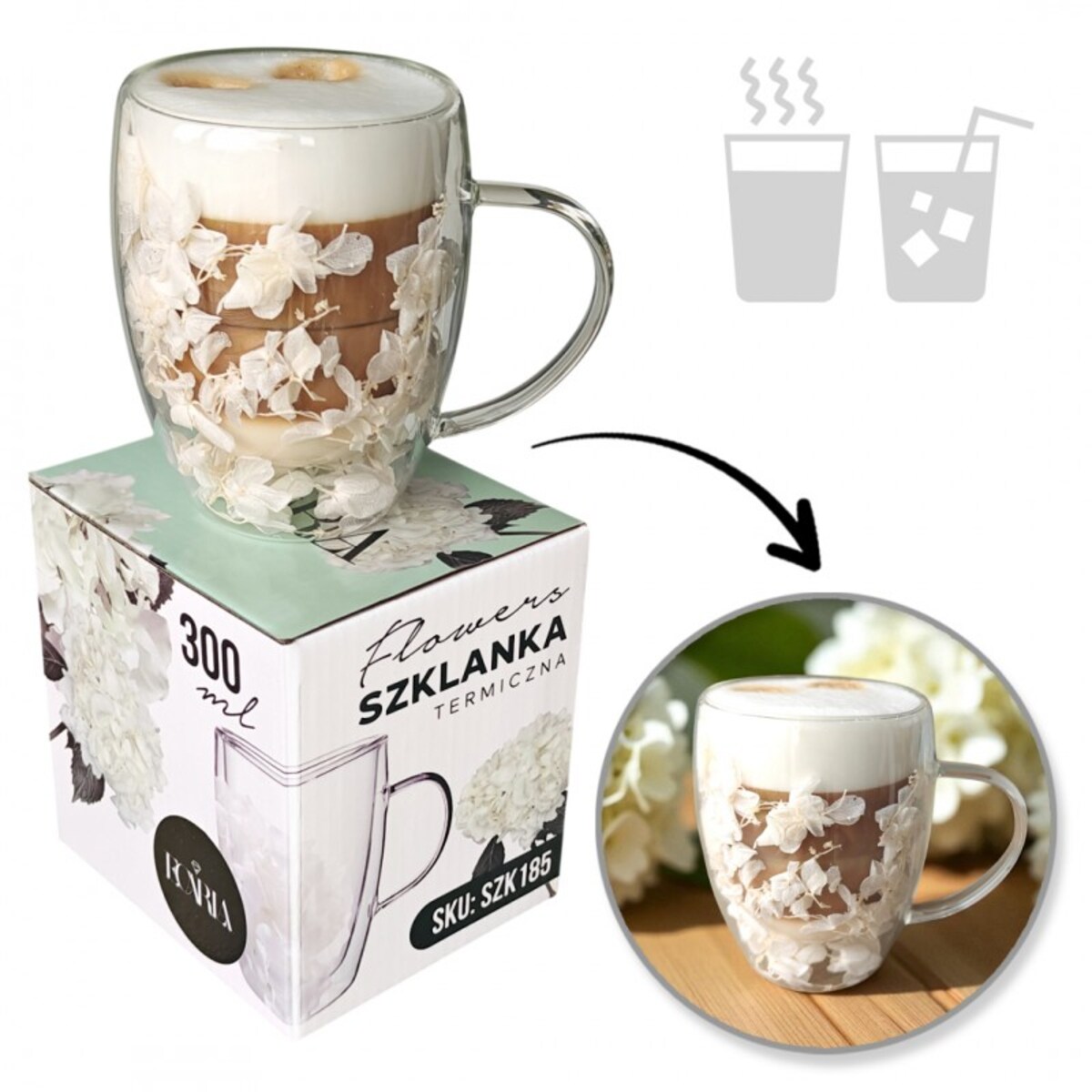 Szklanka termiczna z białymi kwiatami w środku, hortensje 300ml 1szt - SZK185