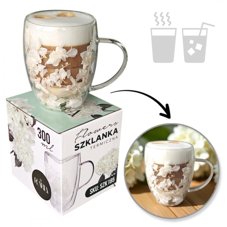 Szklanka termiczna z białymi kwiatami w środku, hortensje 300ml 1szt - SZK185
