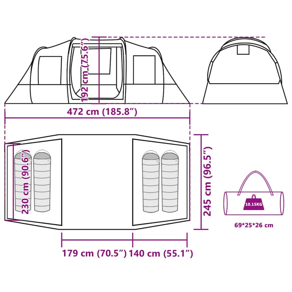 vidaXL Namiot turystyczny, 4-os., tunelowy, zielony, wodoszczelny