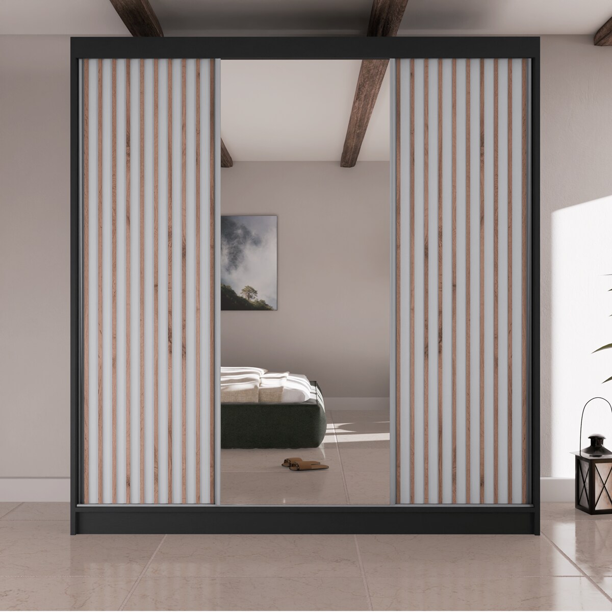 Szafa przesuwna lamele z lustrem i szufladami V200-czarna+biały front