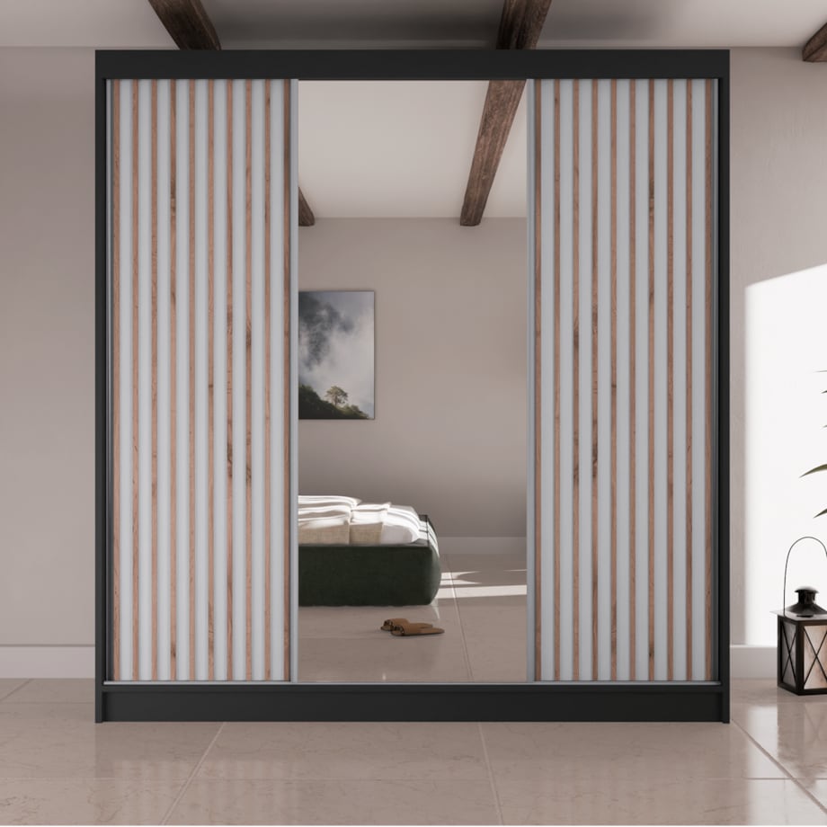 Szafa przesuwna lamele z lustrem i szufladami V200-czarna+biały front