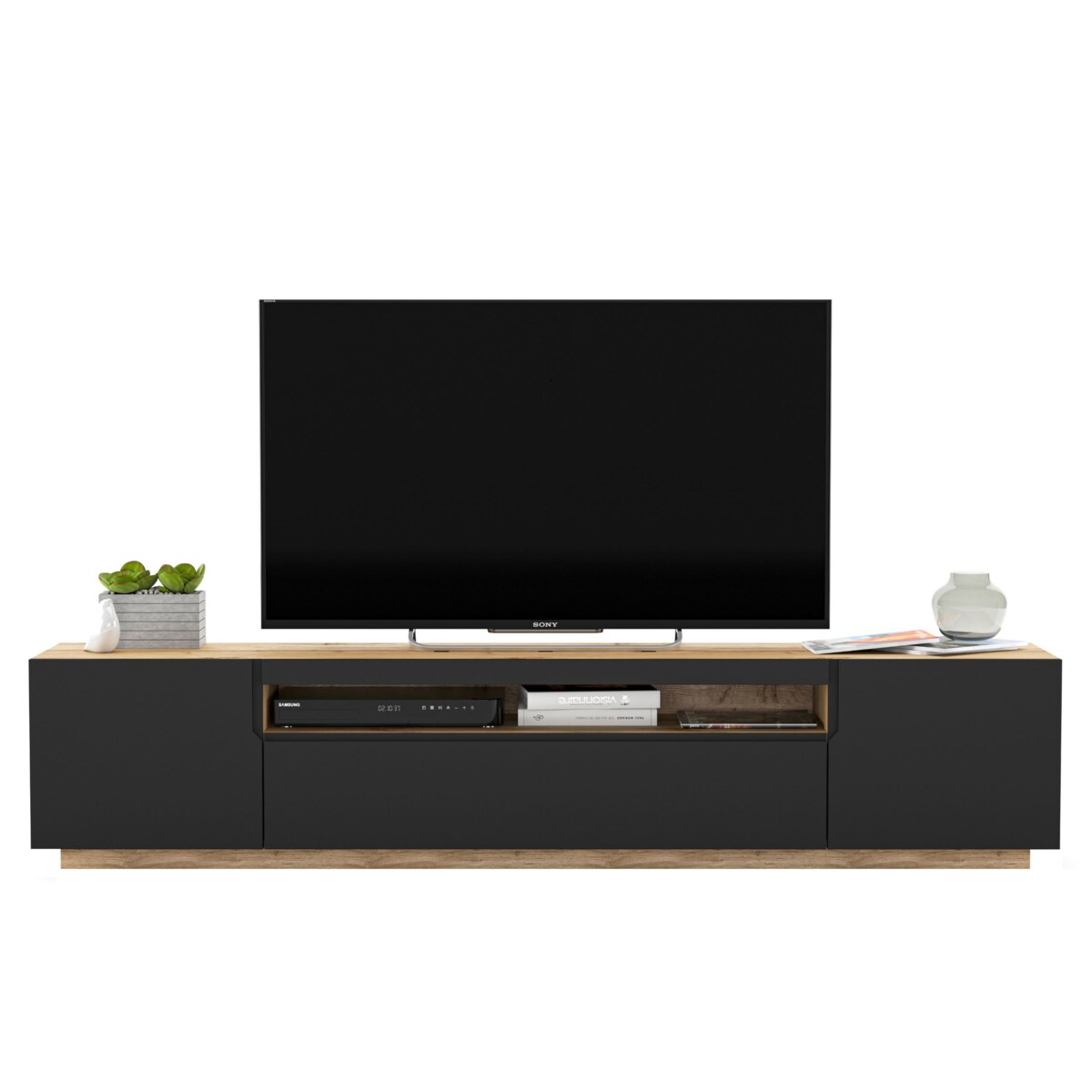 Szafka RTV Loft Industrialna Dąb Artisan Czarny MAT 200 cm