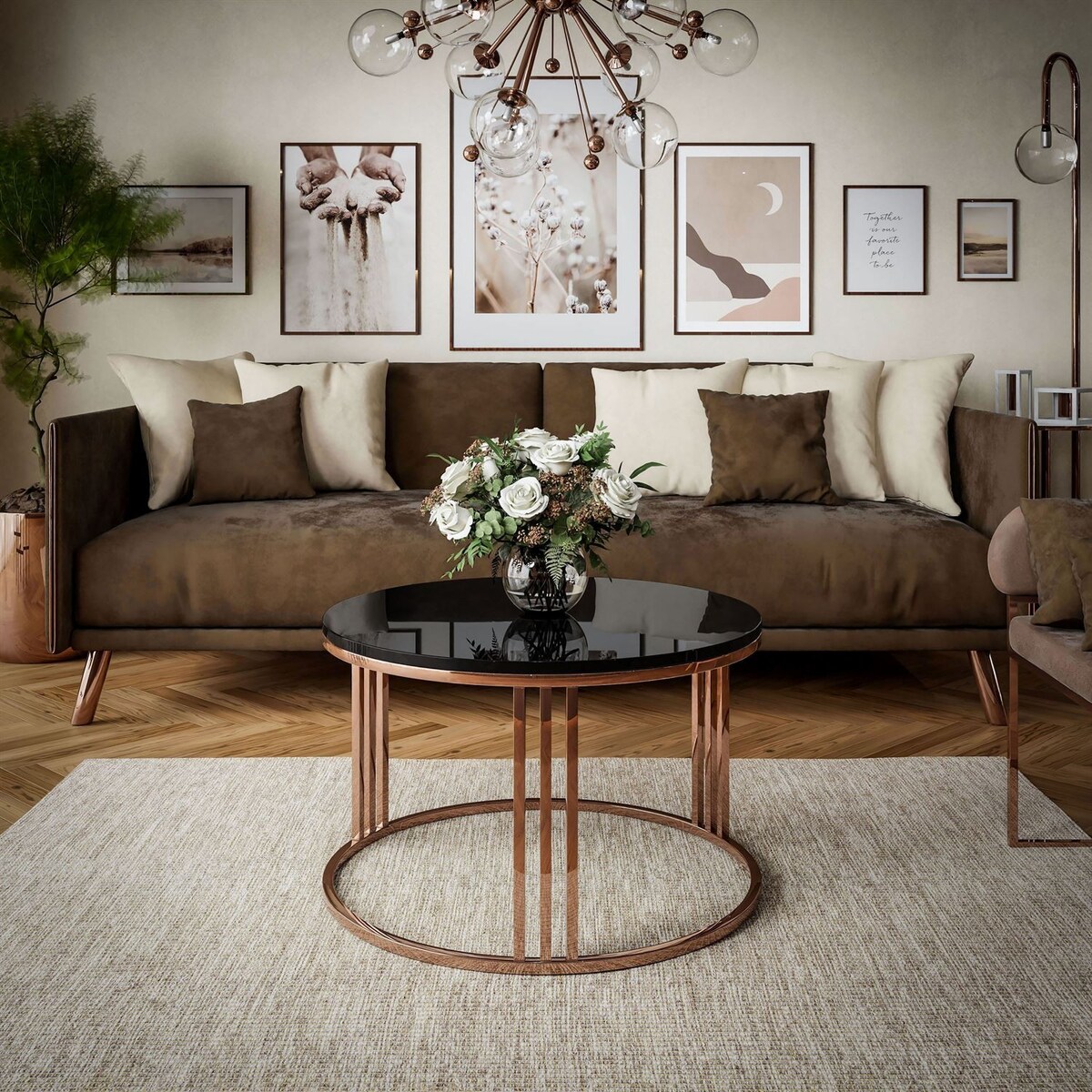 Okrągły stolik kawowy LORI połysk z miedzianym stelażem, czarny połysk