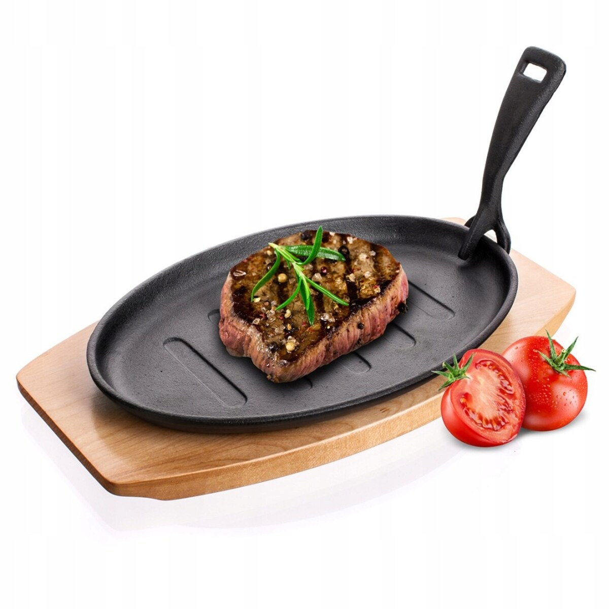żeliwna patelnia talerz z deską gorące potrawy jedzenie kolacja podłużna