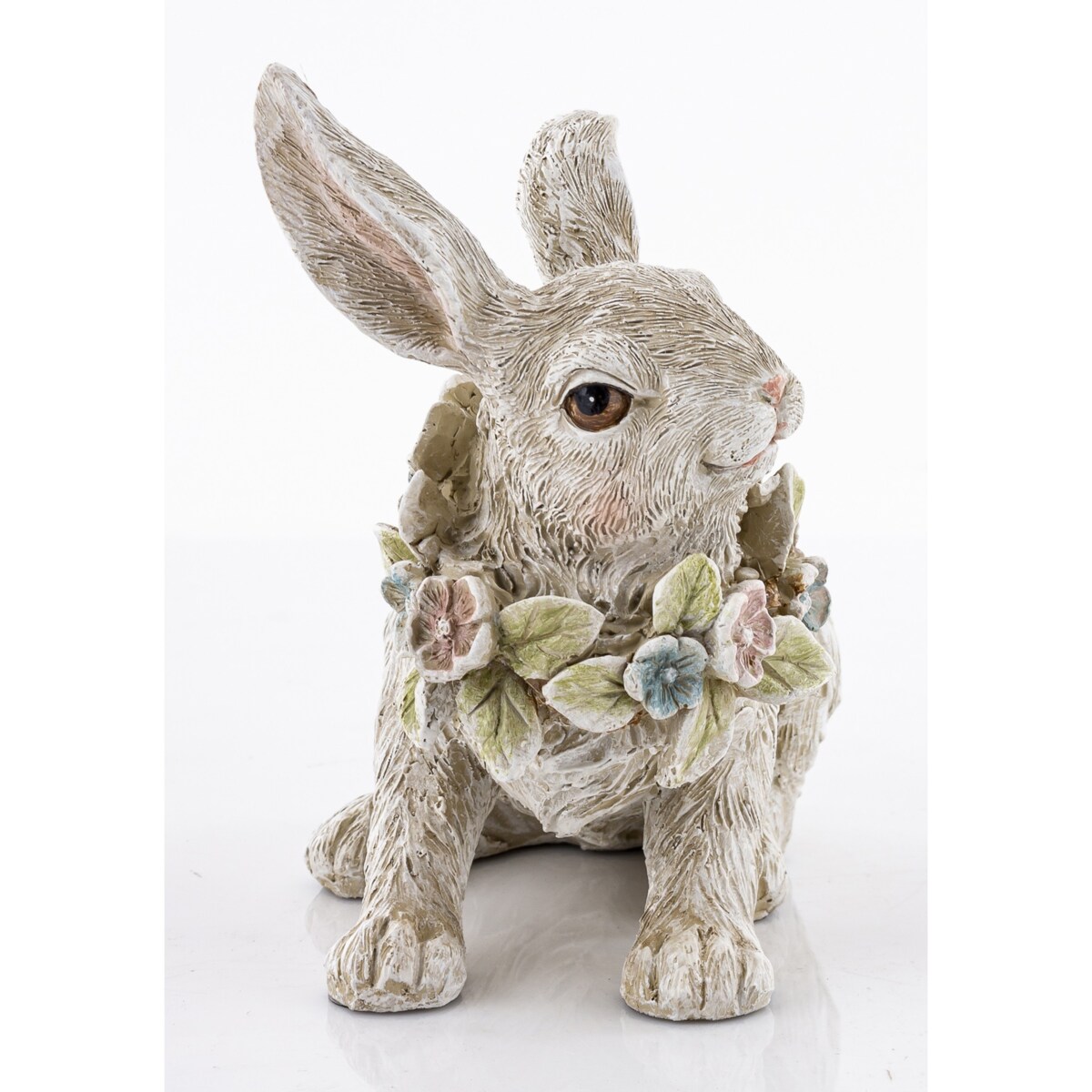 Dekoracja - biały królik 13x13x8 cm PELUCHE leżący z wiankiem kwiatów