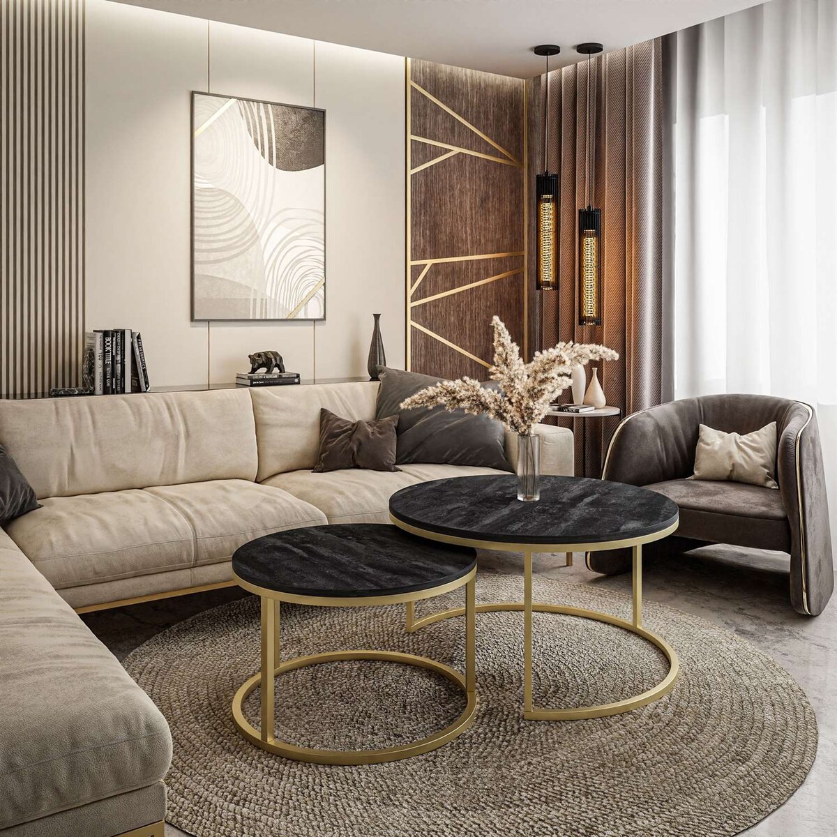 Stolik kawowy CIRI 2w1 złoty mat beton 80/60 cm