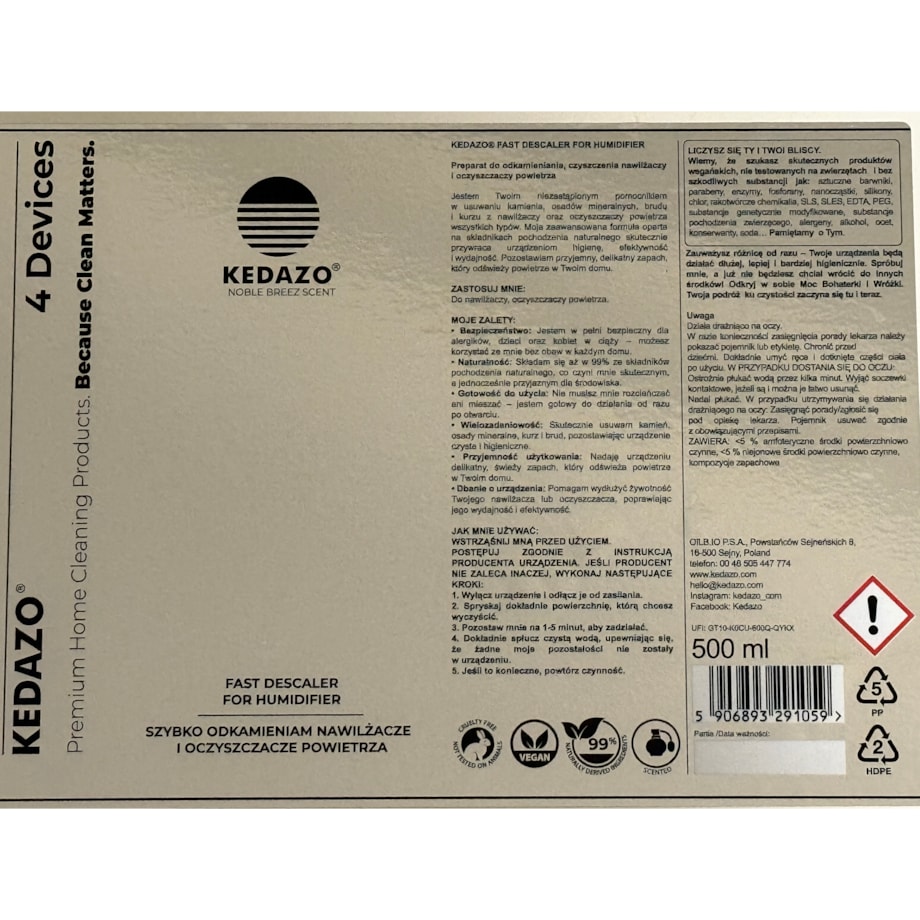 Płyn do odkamieniania nawilżaczy, oczyszczaczy powietrza... - KEDAZO Fast Descaler for Humidifier