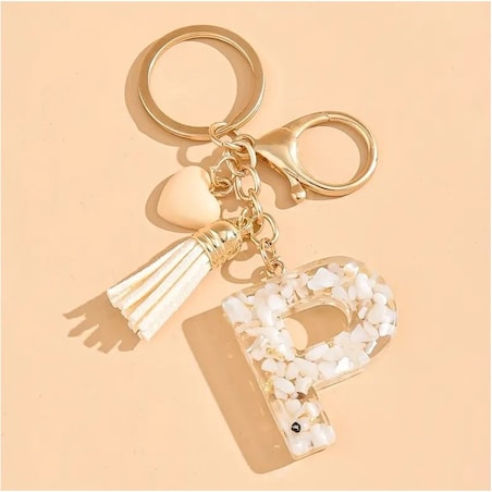 Brelok do kluczy LITERKA "P" biało złote kamyczki z sercem BRL329P