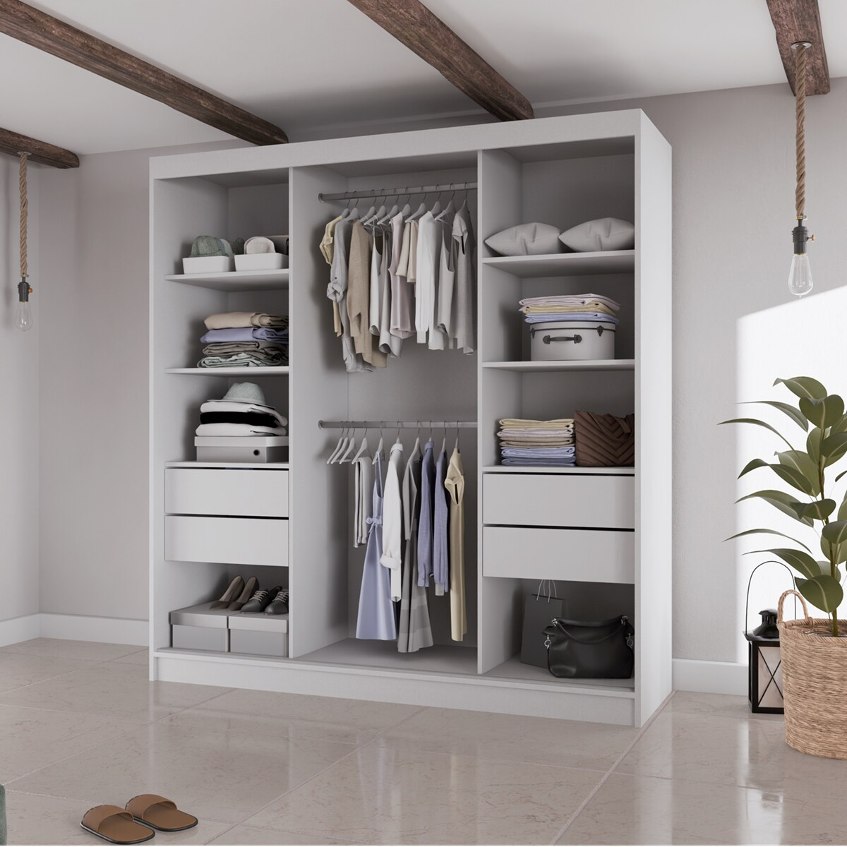 Szafa przesuwna Filo V200 z lustrem, szprosy na frontach- biała