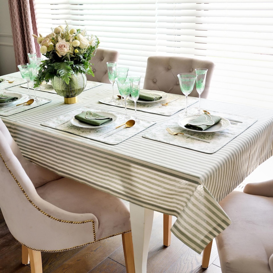 Mini dwustronne podkładki w stylu francuskim Toile de Jouy Green & Stripes – komplet 4 szt.