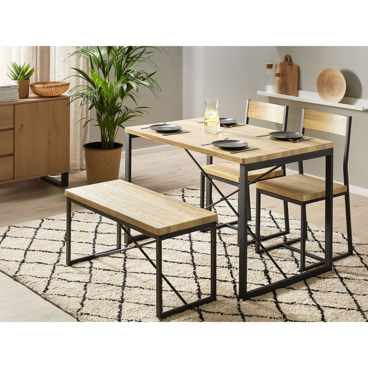 Zestaw do jadalni stół 2 krzesła i ławka jasne drewno z czarnym FLIXTON