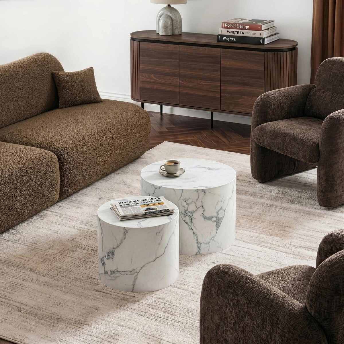 Stoliki Kawowe Okrągłe Loft Ława Salon Zestaw Ław 2w1 Biały Marmur LEILA