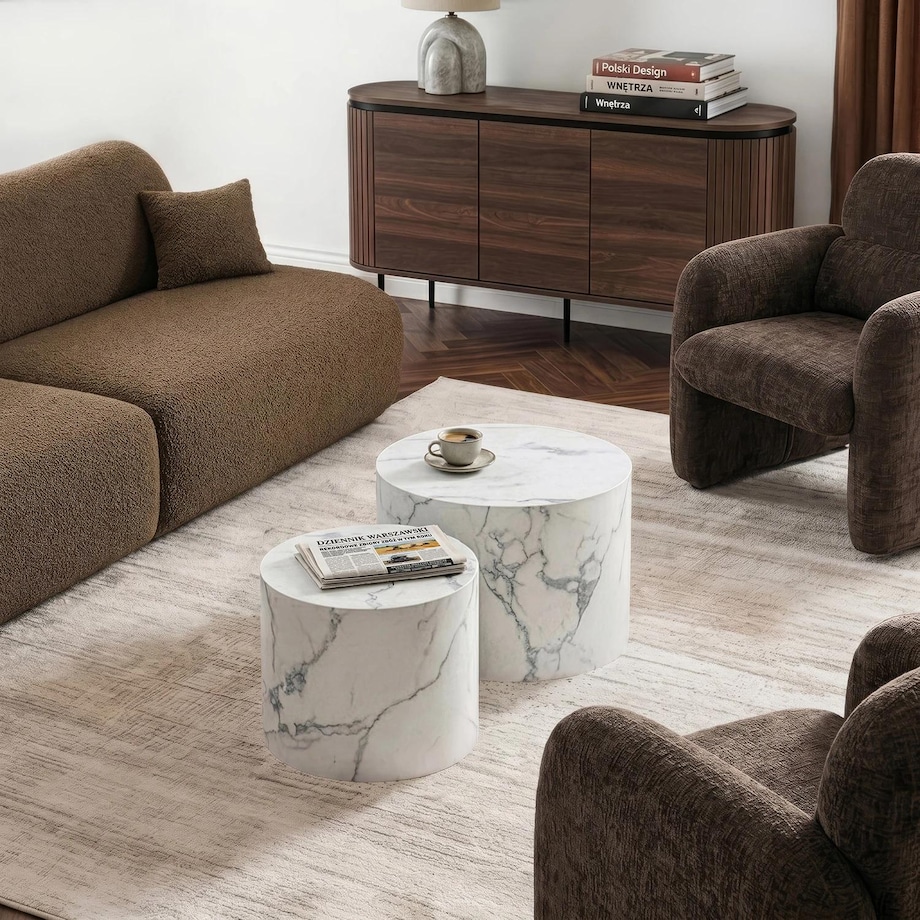 Stoliki Kawowe Okrągłe Loft Ława Salon Zestaw Ław 2w1 Biały Marmur LEILA