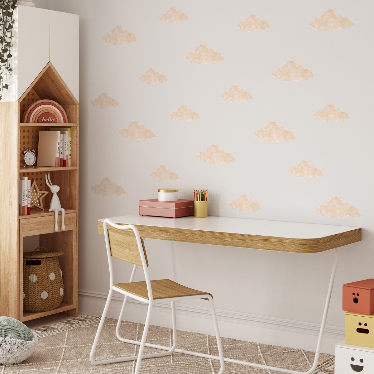 Naklejki Ścienne Dla Dzieci Beżowe Chmurki Pastelowe Chmury Boho Zestaw 60x30cm
