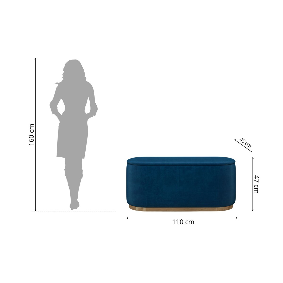 Tapicerowany owalny puf ze schowkiem Dancan SCARLETT na złotej podstawie / szer. 110 cm / granatowy