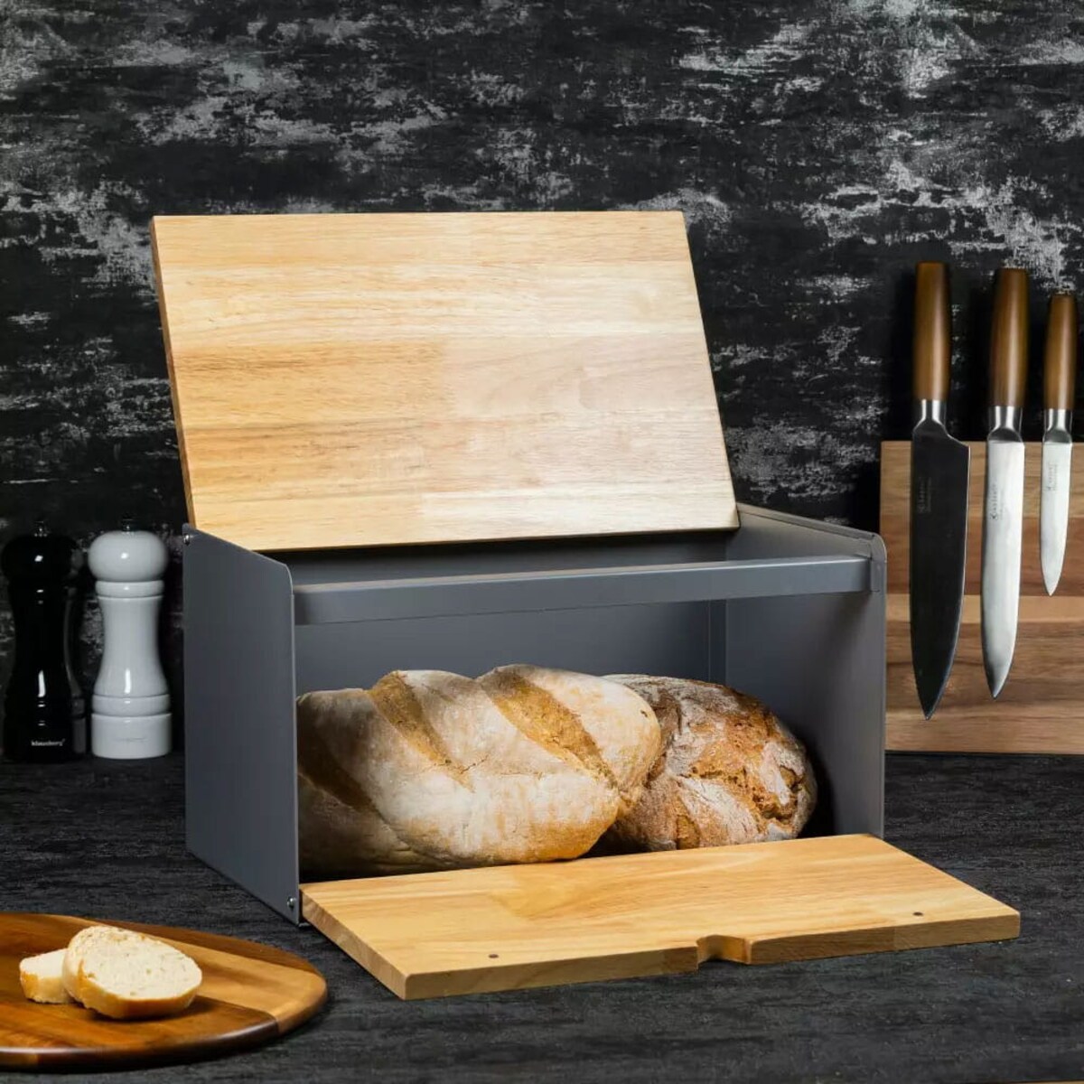 Chlebak stalowo-drewniany pojemnik na chleb pieczywo szary KLAUSBERG