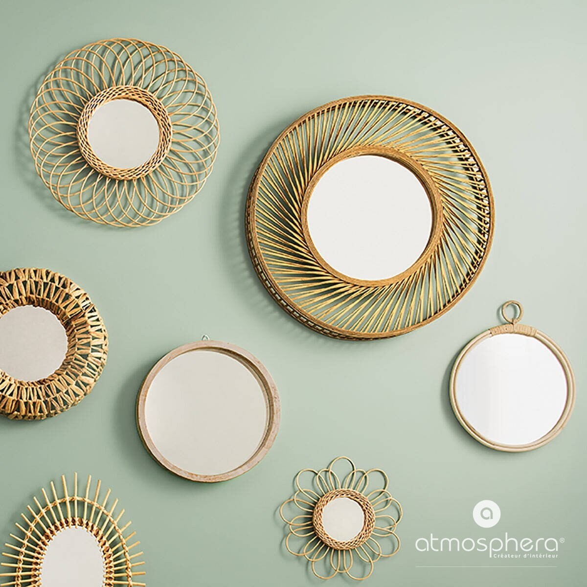 Okrągłe lustro w ramie z bambusa, Ø 72 cm