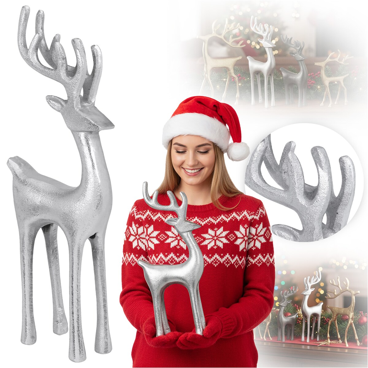 Renifer Figurka Duża Świąteczna Stojąca Dekoracja Ozdoba Srebrna 35 Cm