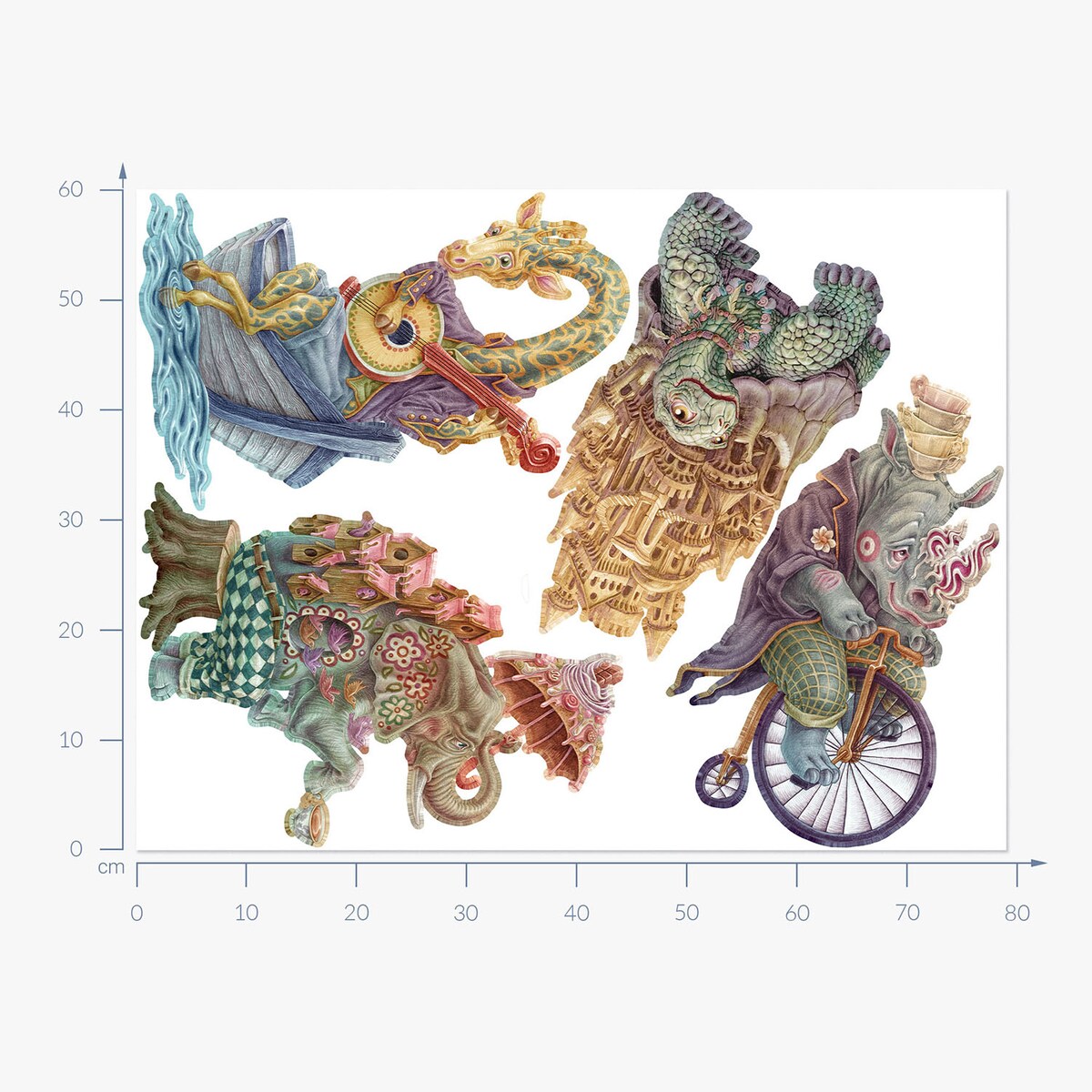 Zestaw naklejek na ścianę, Pastelowe bajkowe stworzenia, 60cm