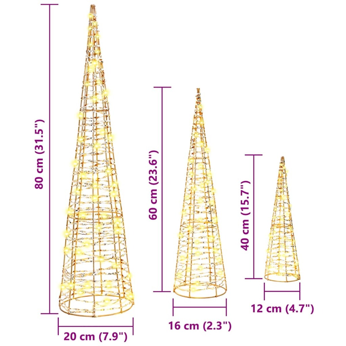 vidaXL Choinka z 90 diodami LED 3 pcs Ciepła biel 20 x 20 x 80 cm PET