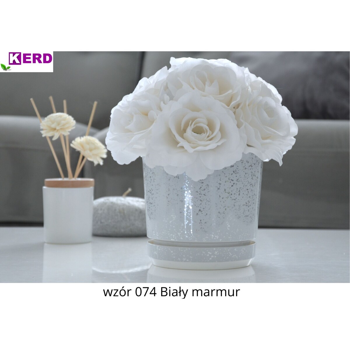 16 cm wzór BIAŁY MARMUR Doniczka z podstawką piękne lustrzane drobinki srebrne elementy elegancka