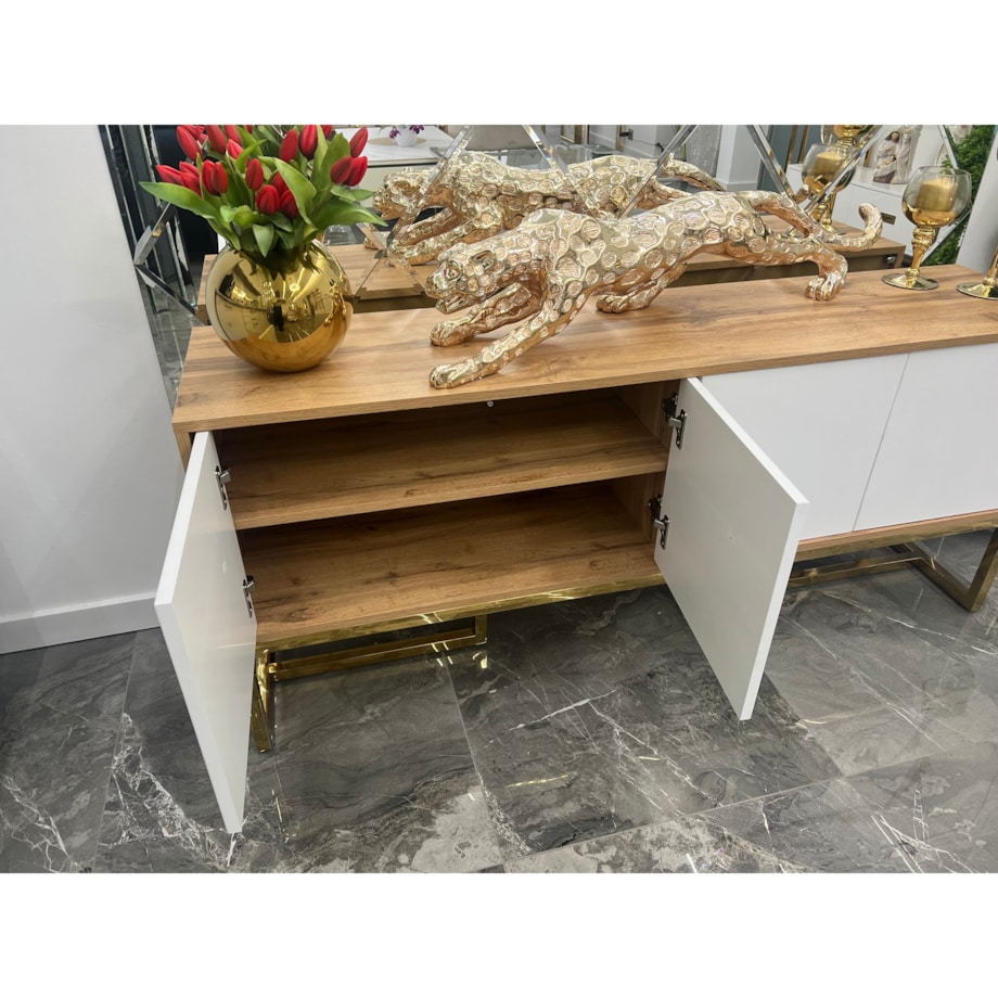 Biała-złota komoda / szafka RTV Chicago Anew Glamour Premium XXL 150x35x65 / szafka pod telewizor