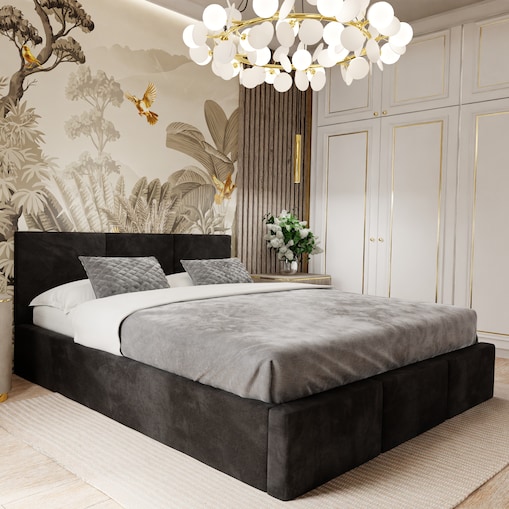 ŁÓŻKO TAPICEROWANE 160x200 ŁÓŻKO PODWÓJNE Z POJEMNIKIEM CZARNE