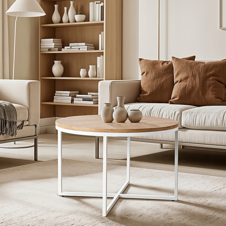 Stolik Kawowy Okrągły Skandynawski Ława Okrągła Loft Dąb Biały HANTEL