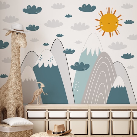 NAKLEJKI ŚCIENNE DLA DZIECI NIEBIESKIE GÓRY CHMURKI SŁOŃCE ZESTAW