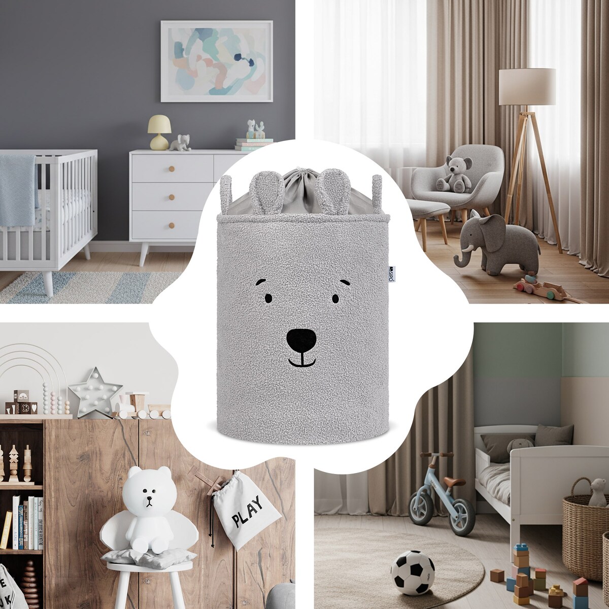kosz na zabawki sipo, wersja premium boucle, zamykany na ściągacz, szary miś, xl