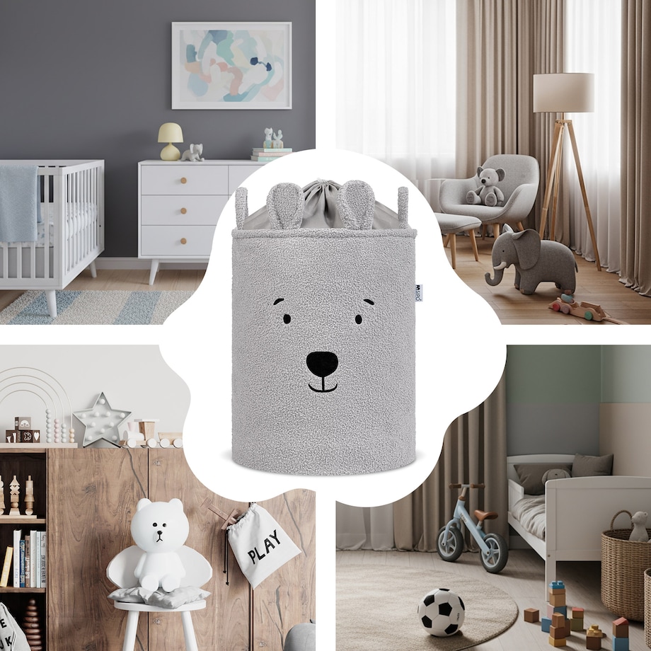 kosz na zabawki sipo, wersja premium boucle, zamykany na ściągacz, szary miś, xl