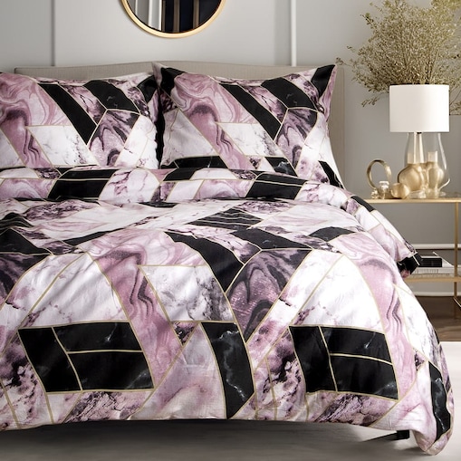 Pościel satyna bawełniana 180x200 Satynlove czarno różowy geometryczny marmur