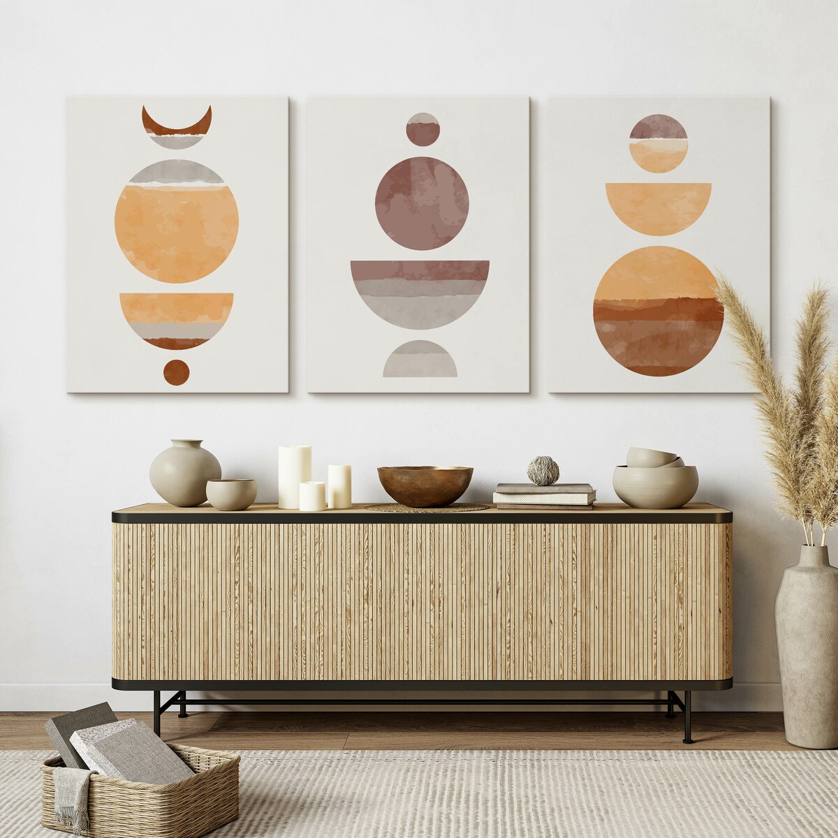 OBRAZY DO SALONU SET ABSTRAKCJA STYL BOHO KSZTAŁTY GEOMETRYCZNE 90x40cm