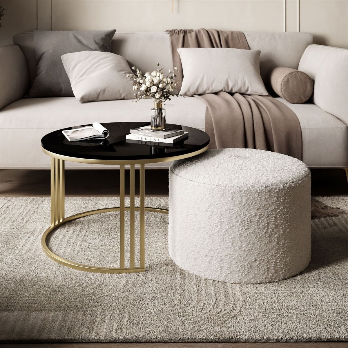 Stolik kawowy z pufą LORI POŁYSK złoto szczotkowane, czarny / Coral 65