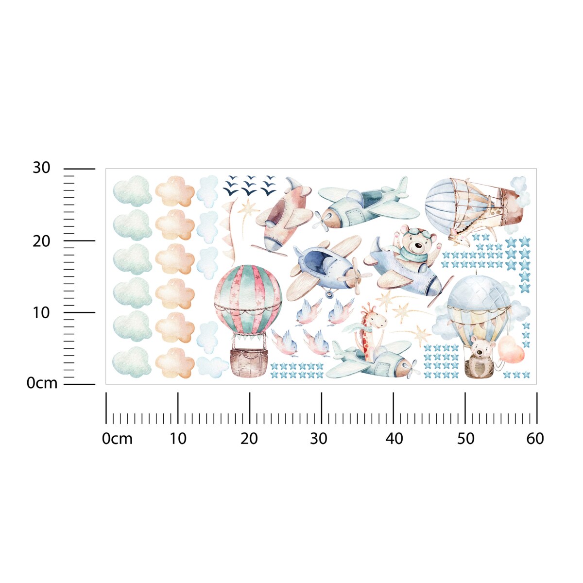 Naklejki Ścienne Dla Dzieci Samoloty Balony Zwierzątka Gwiazdy Ptaki ZESTAW 60x30cm
