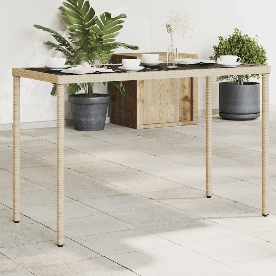 vidaXL Stół ogrodowy ze szklanym blatem, beż, 115x54x74 cm, rattan PE