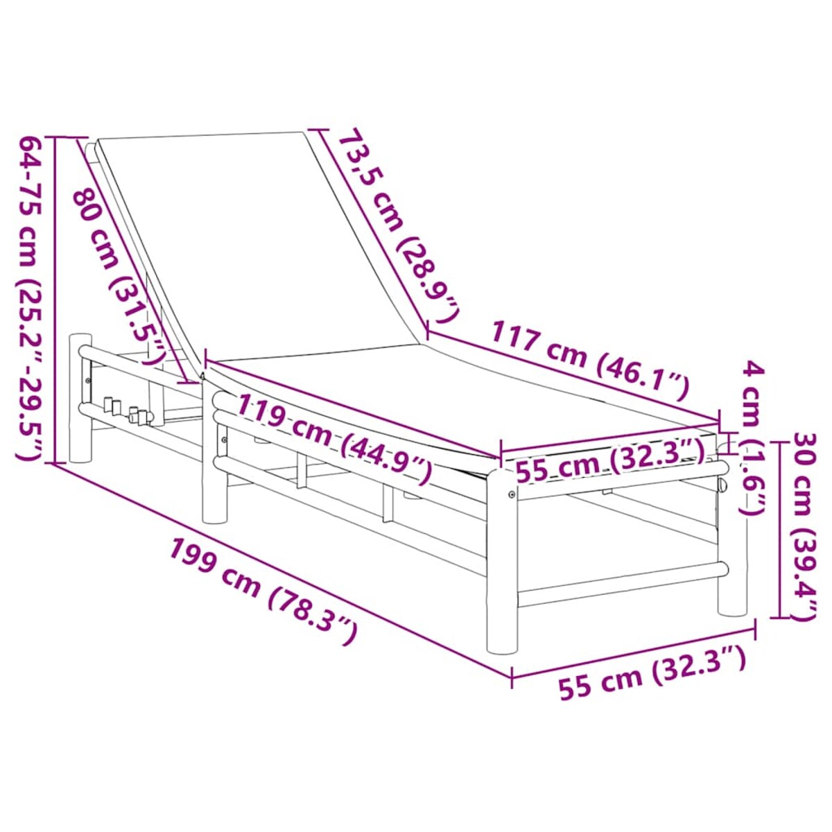 vidaXL Leżak z poduszkami, 55x199x30 cm, bambus