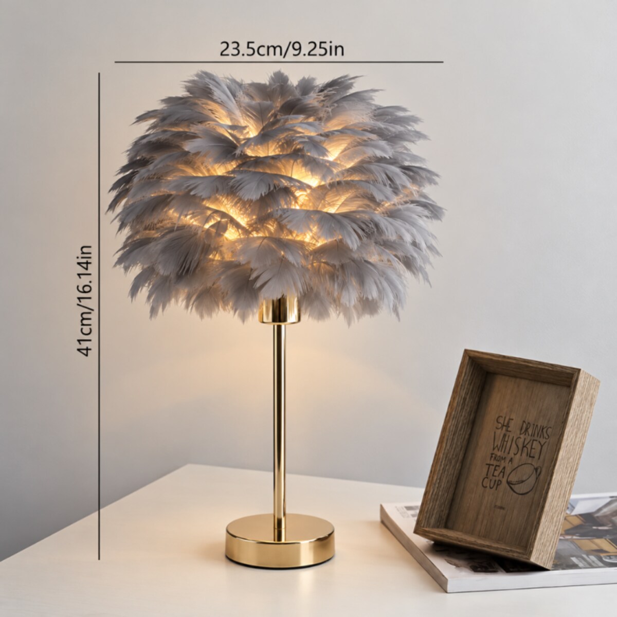 Elegancka lampa nocna stołowa z kloszem z szarych piór ściemniacz 3 kolory świecenia na komode USB OZD13