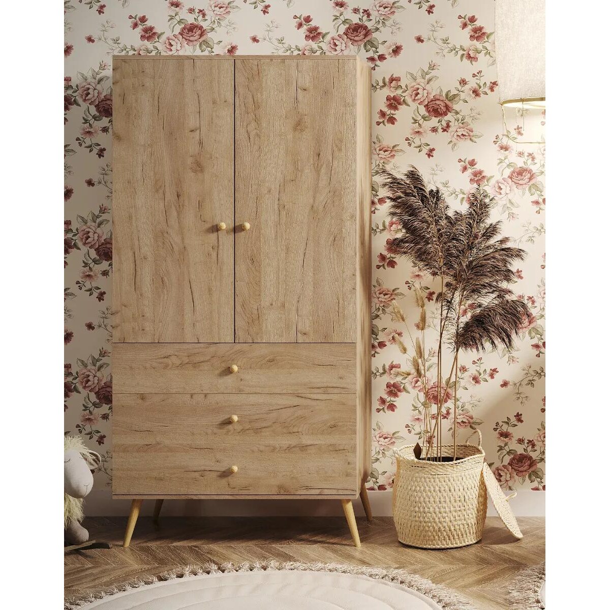 Szafa LEBEL z szufladami 3SZ 100cm dąb craft złoty