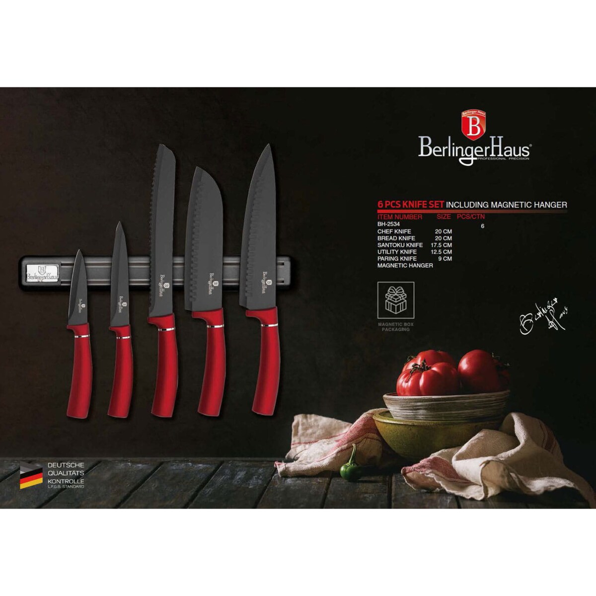 Zestaw noży z listwą magnetyczną 6 elementów BERLINGER HAUS Burgundy