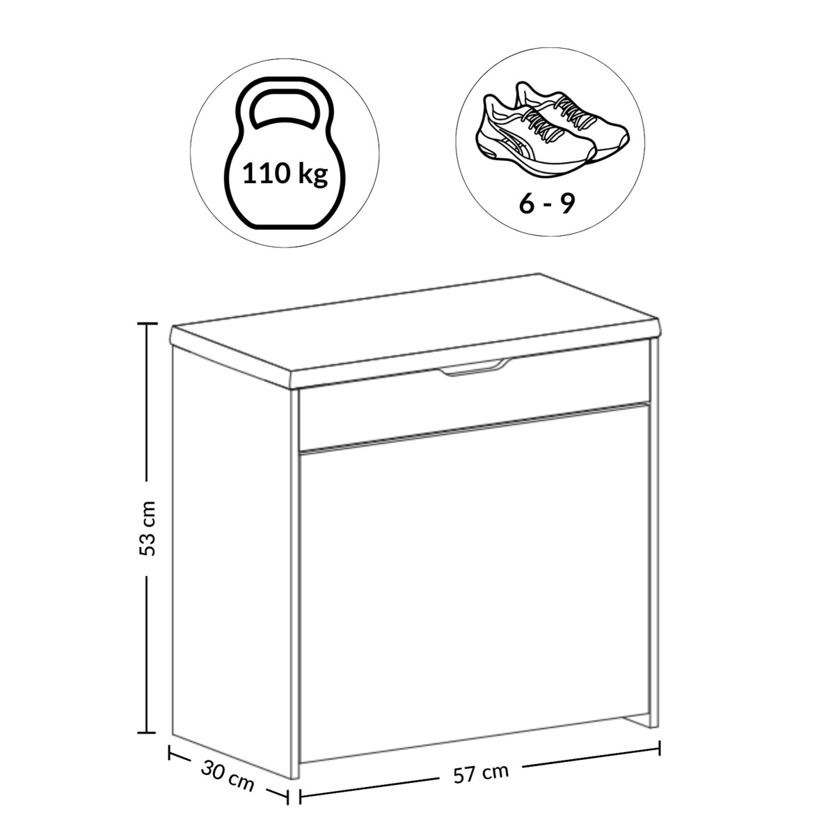 Szafka na buty z siedziskiem i wysuwanymi półkami VAULT, 57 x 30 x 53 cm
