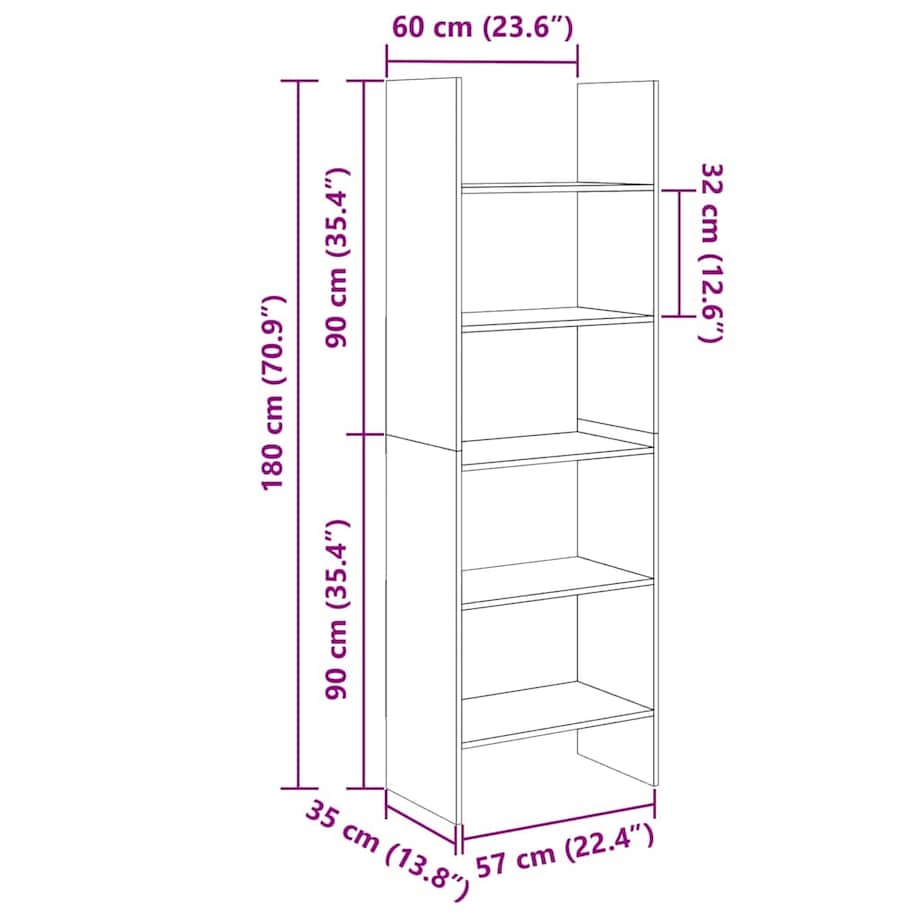 vidaXL Regał na książki, dąb sonoma, 60x35x180 cm