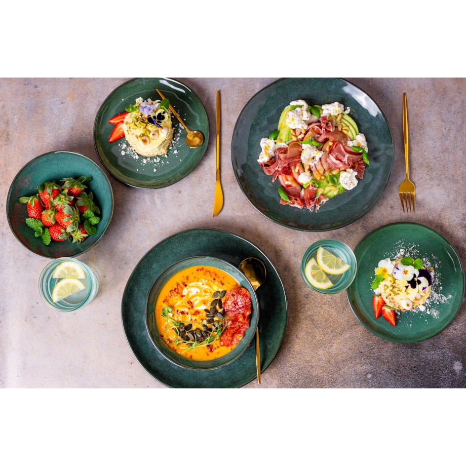 Serwis obiadowy Uminami zielony na 6 osób 18 szt. Nowoczesny Do zmywarki Komplet talerzy