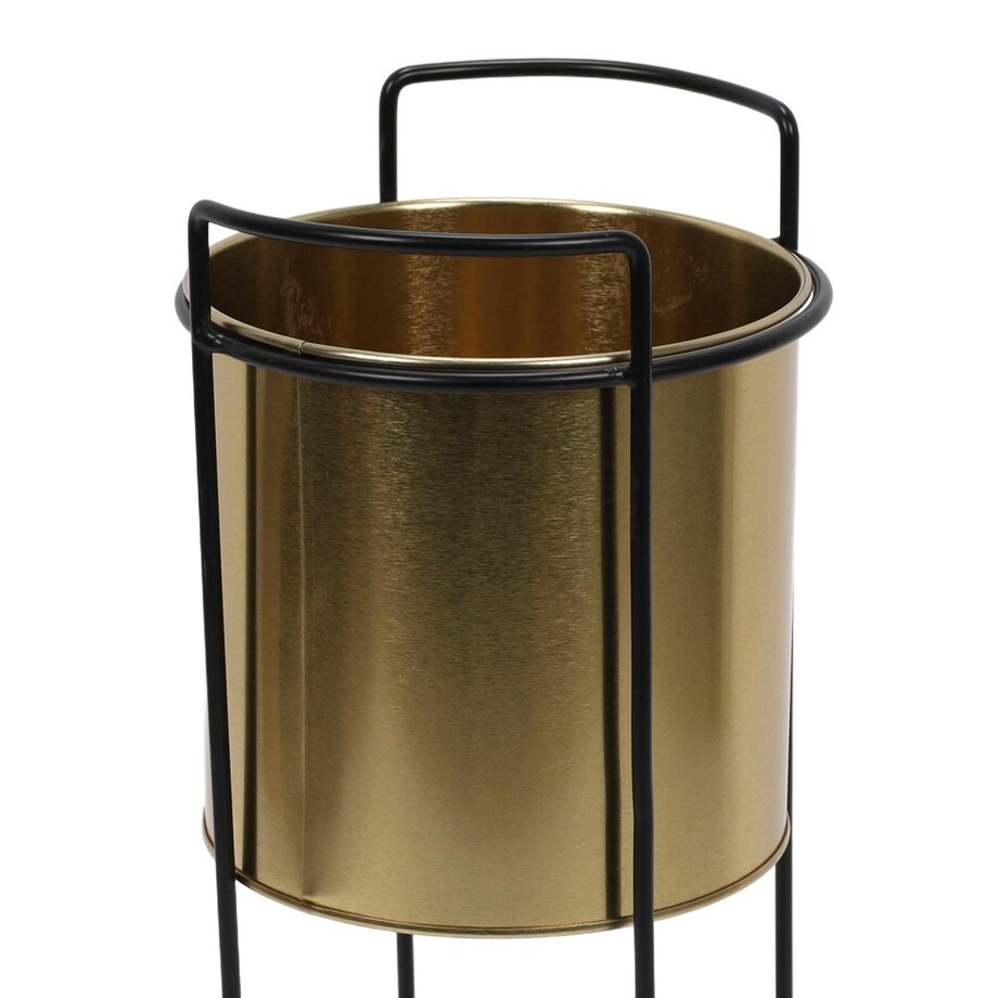 Złota doniczka, metalowa, na stojaku, wys. 31 cm
