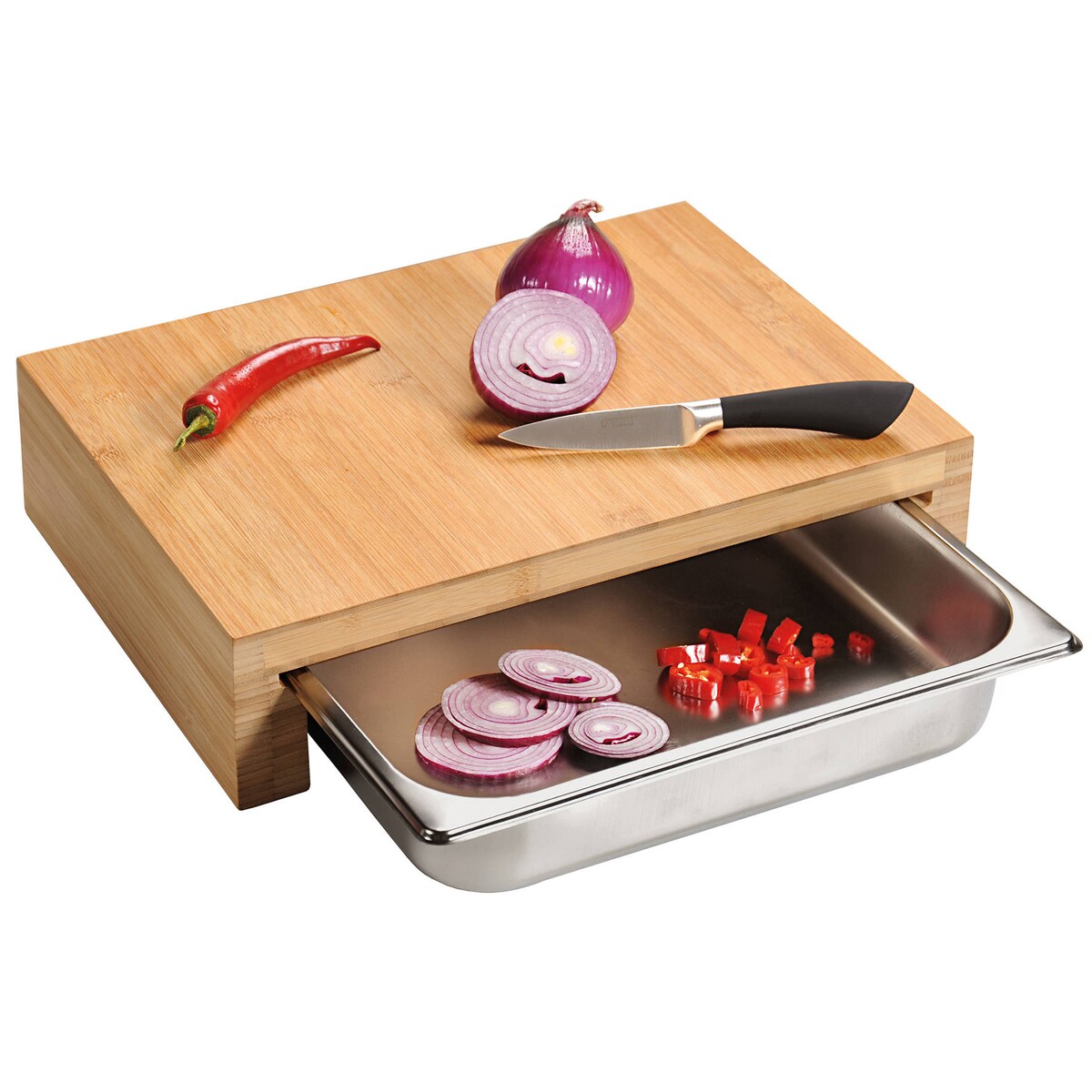 Bambusowa deska do krojenia, wysoka, z wyciąganym pojemnikiem, Kesper